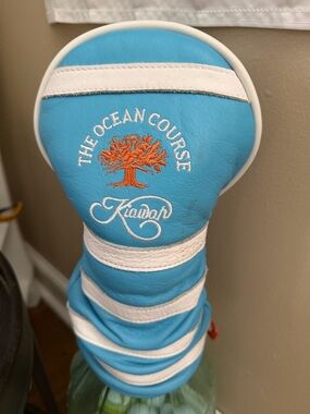 The Ocean Course Leather Driver Headcover in Sky Blue & White